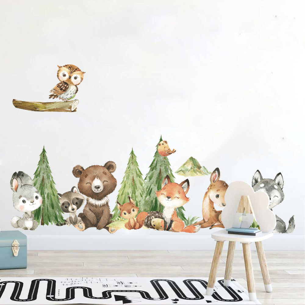 Baby Nursery Design - Мультяшная акварель, лес, животное, стикер на