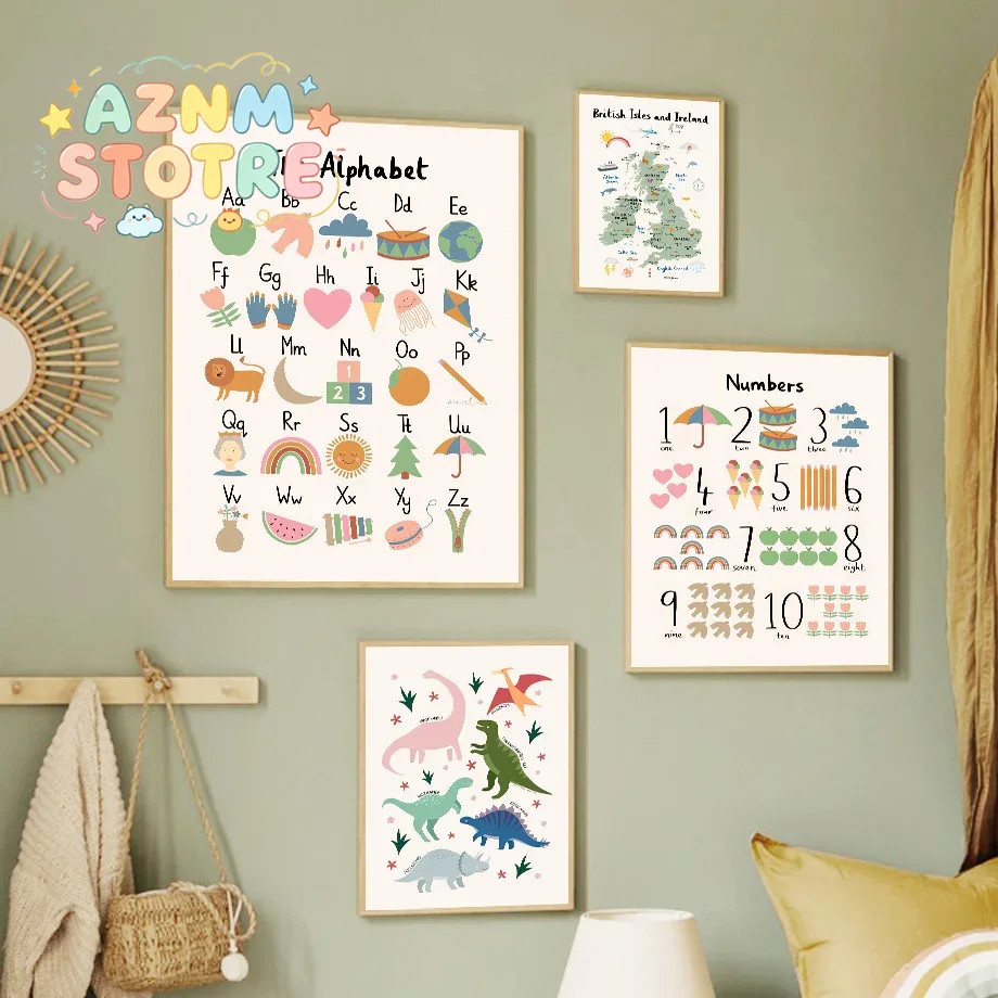 Baby Nursery Design - Карта мира животных, динозавры, алфавит, цифры,